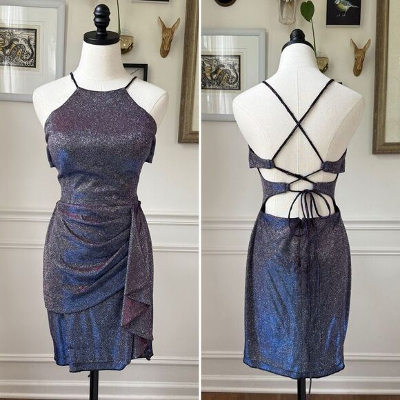 Vintage 90s Blondie Nites Caged Back Cosmic Sparkle BodyCon Cocktail HoCo Dress - Picture 1 of 10